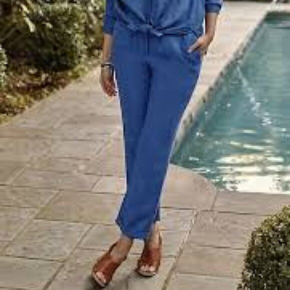 J Jill Blue Relaxed Linen Blend High Waist Straight Roll Tab Pants Size MT NWT - Picture 2 of 14